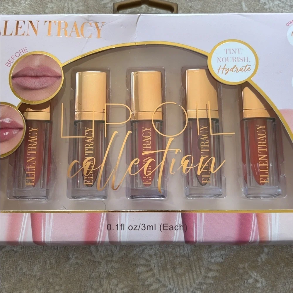 Brand New Ellen Tracy 5-Pack Lip Oil Collection Hydrating Tint Gloss Reds Pinks